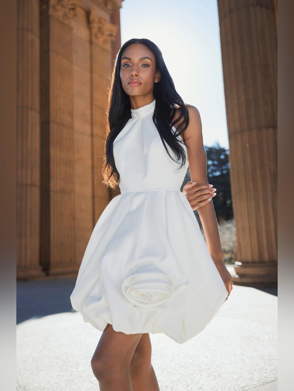 Mac Duggal by Ieena 20707 White Satin Bubble Hem Backless Mini Dress